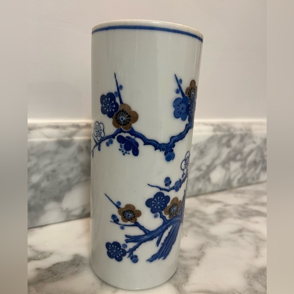 Chinese Porcelain Ceramic Blue White Plum Blossoms Vase Brush Pot 7” T - Picture 3 of 12
